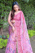 Pink Organza Saree with Red Blouse Piece