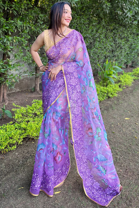 Purple Organza Saree with Beige Blouse Piece