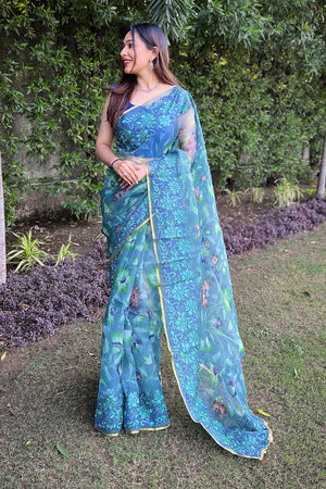 Teal Organza Saree with Blue Blouse Piece