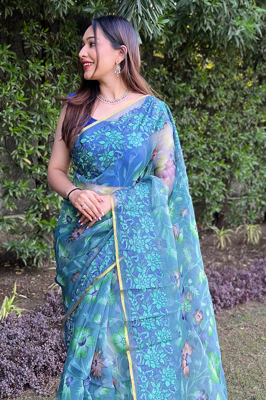 Teal Organza Saree with Blue Blouse Piece
