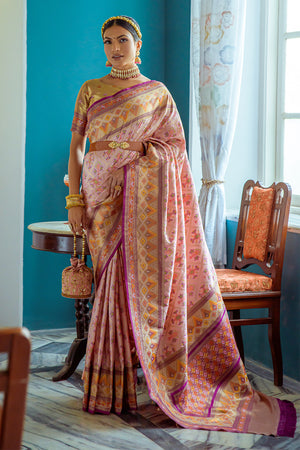 Pink Banarasi Silk Saree With Blouse Piece