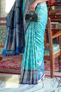 Turquoise Blue Banarasi Silk Saree With Blouse Piece