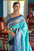 Turquoise Blue Banarasi Silk Saree With Blouse Piece