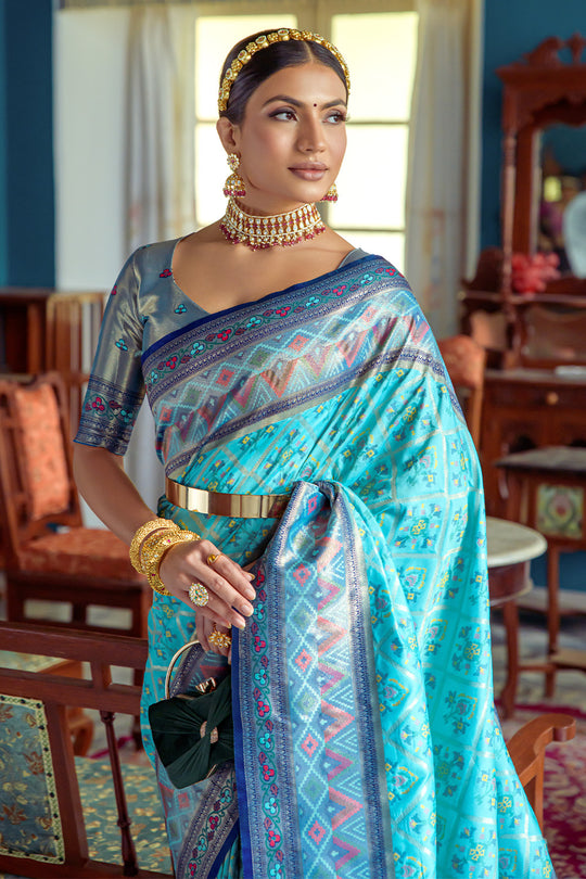 Turquoise Blue Banarasi Silk Saree With Blouse Piece