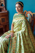 Pista Green Banarasi Silk Saree With Blouse Piece