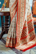 White Banarasi Silk Saree With Blouse Piece