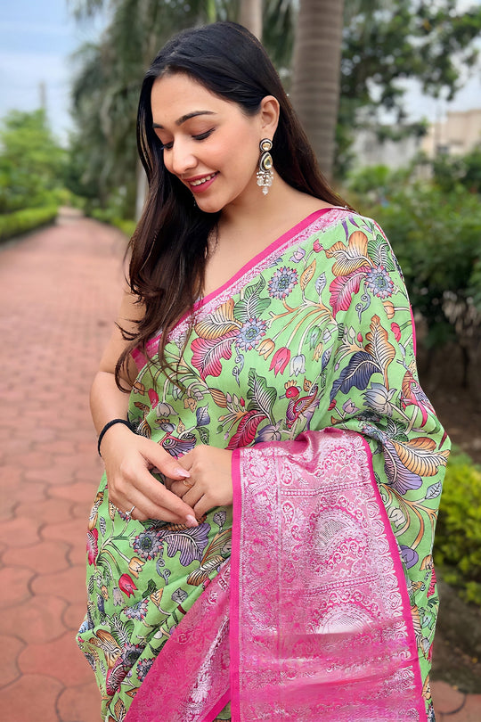 Green Tusser Silk Saree with Green Blouse Piece