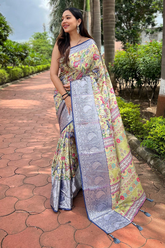 Lemon Tusser Silk Saree with Lemon Blouse Piece