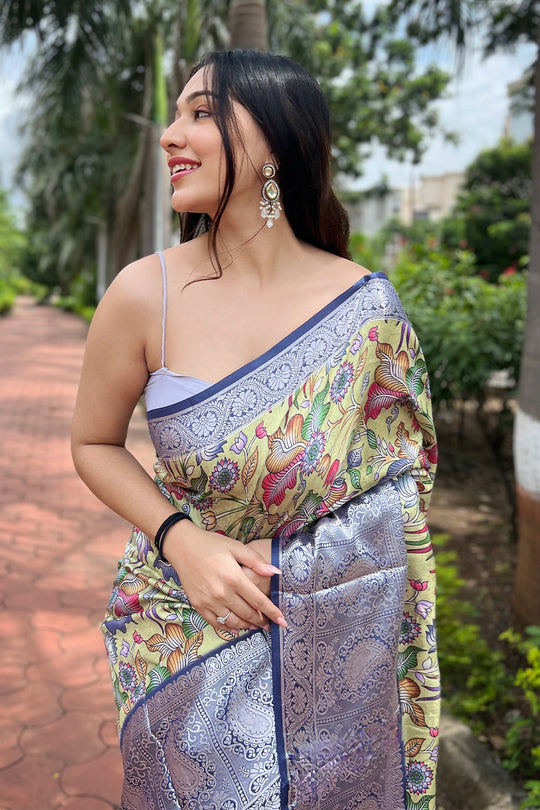 Lemon Tusser Silk Saree with Lemon Blouse Piece