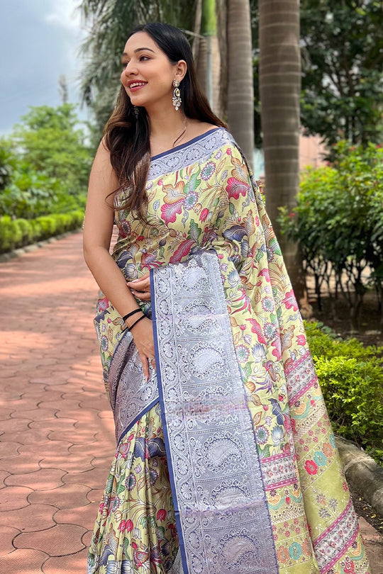 Lemon Tusser Silk Saree with Lemon Blouse Piece