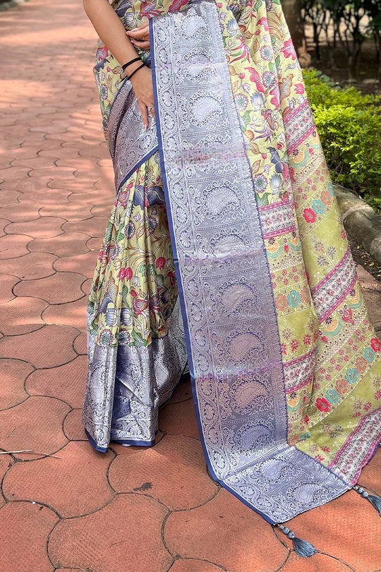 Lemon Tusser Silk Saree with Lemon Blouse Piece