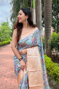 Sky Blue Tusser Silk Saree with Sky Blouse Piece