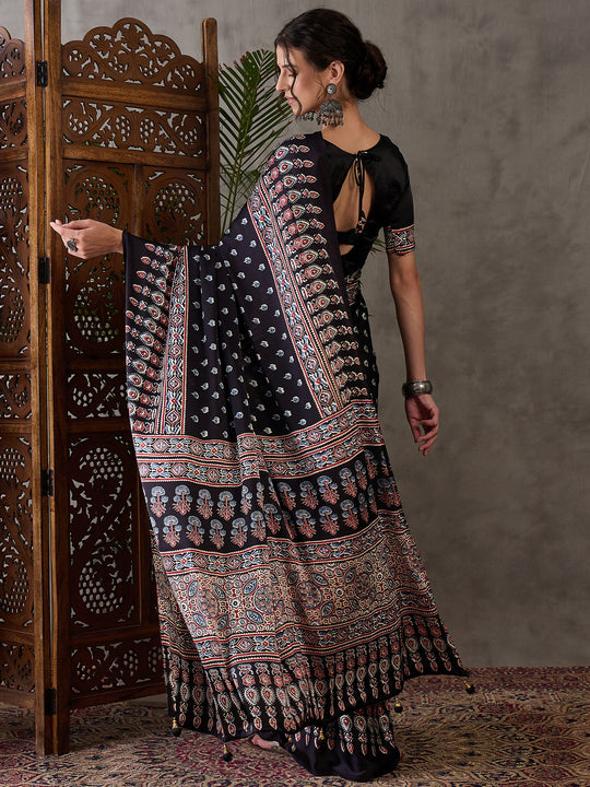 Black Semi Modal Saree With Blouse Piece