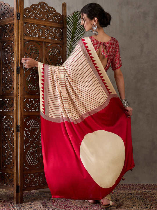 Cream Semi Modal Saree With Blouse Piece