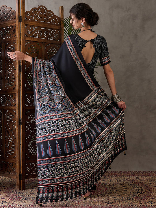 Black Semi Modal Saree With Blouse Piece