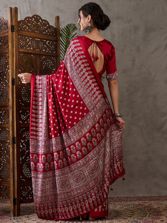 Red Semi Modal Saree With Blouse Piece