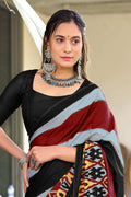 Black Ikkat Print Mulmul Cotton Sarees Saree With Blouse Piece