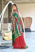 Green Ikkat Print Mulmul Cotton Sarees Saree With Blouse Piece