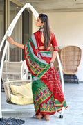 Green Ikkat Print Mulmul Cotton Sarees Saree With Blouse Piece