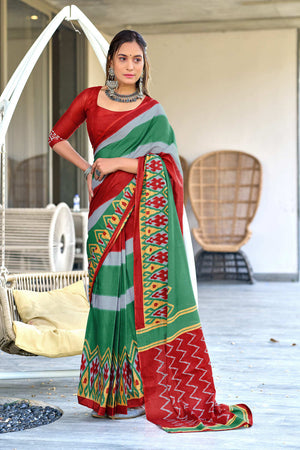 Green Ikkat Print Mulmul Cotton Sarees Saree With Blouse Piece