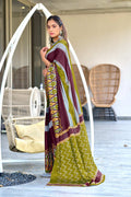 Mahendi Green Ikkat Print Mulmul Cotton Sarees Saree With Blouse Piece