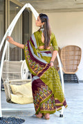 Mahendi Green Ikkat Print Mulmul Cotton Sarees Saree With Blouse Piece