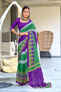 Multi Colour Ikkat Print Mulmul Cotton Sarees Saree With Blouse Piece