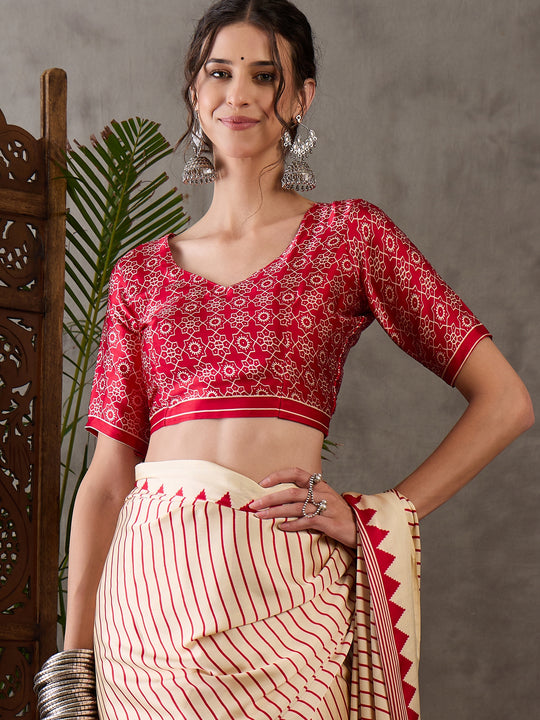 Cream Semi Modal Saree With Blouse Piece