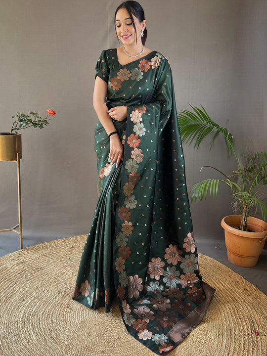Bottle Green  Kanjivaram Silk Saree With Blouse Piece