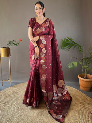Brown Kanjivaram Silk Saree With Blouse Piece