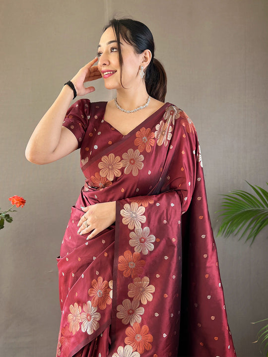 Brown Kanjivaram Silk Saree With Blouse Piece