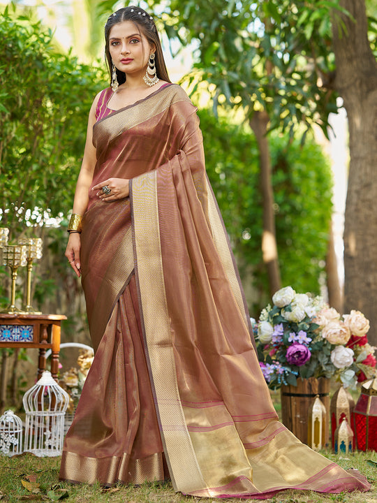 Brown Tissue  Saree With Blouse Piece