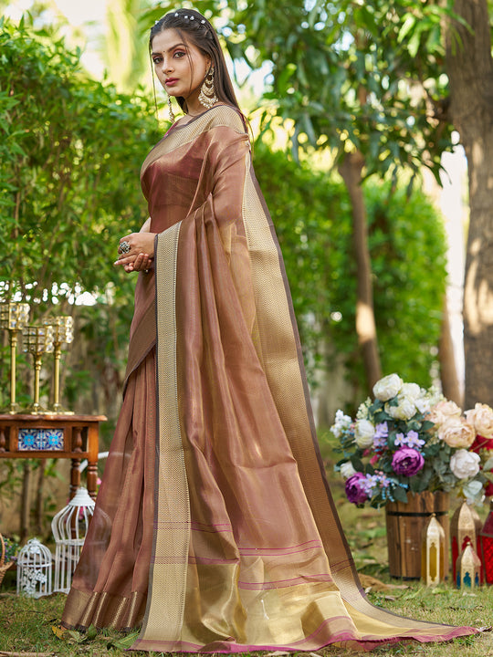 Brown Tissue  Saree With Blouse Piece