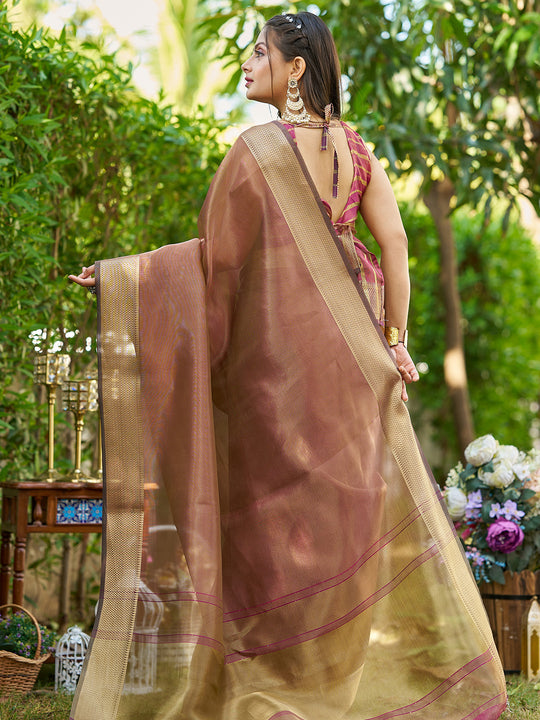 Brown Tissue  Saree With Blouse Piece