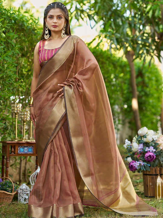 Brown Tissue  Saree With Blouse Piece