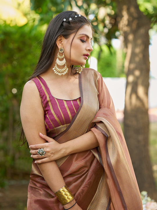 Brown Tissue  Saree With Blouse Piece
