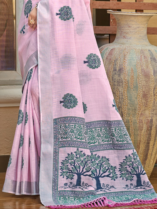 Light Pink Linen Sarees With Blouse Piece