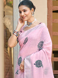 Light Pink Linen Sarees With Blouse Piece