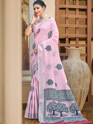 Light Pink Linen Sarees With Blouse Piece