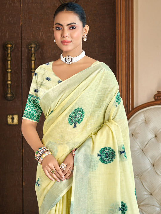 Yellow Linen Sarees With Blouse Piece
