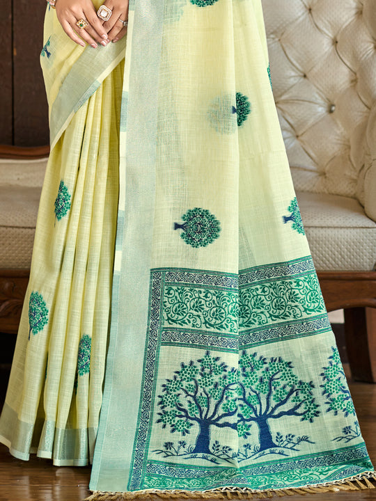 Yellow Linen Sarees With Blouse Piece