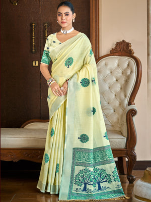 Yellow Linen Sarees With Blouse Piece