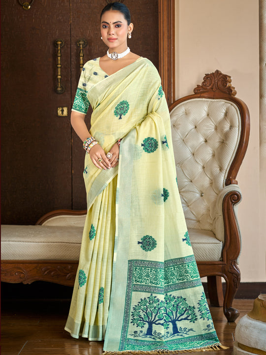 Yellow Linen Sarees With Blouse Piece