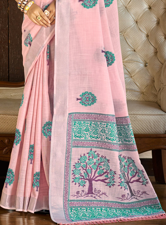 Dark Pink Linen Sarees With Blouse Piece