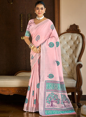 Dark Pink Linen Sarees With Blouse Piece