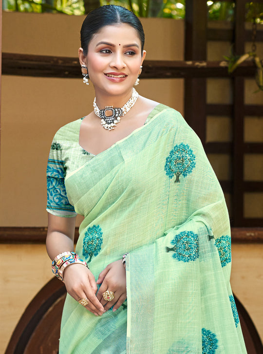 Green Linen Sarees With Blouse Piece
