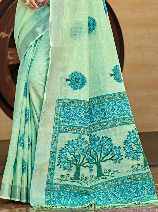 Green Linen Sarees With Blouse Piece