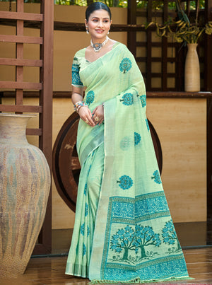 Green Linen Sarees With Blouse Piece