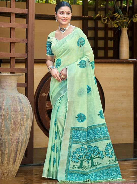 Green Linen Sarees With Blouse Piece
