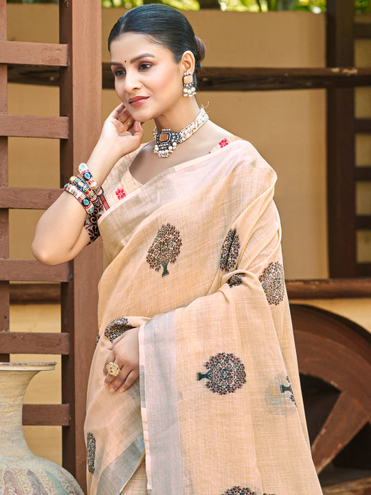 Peach Linen Sarees With Blouse Piece